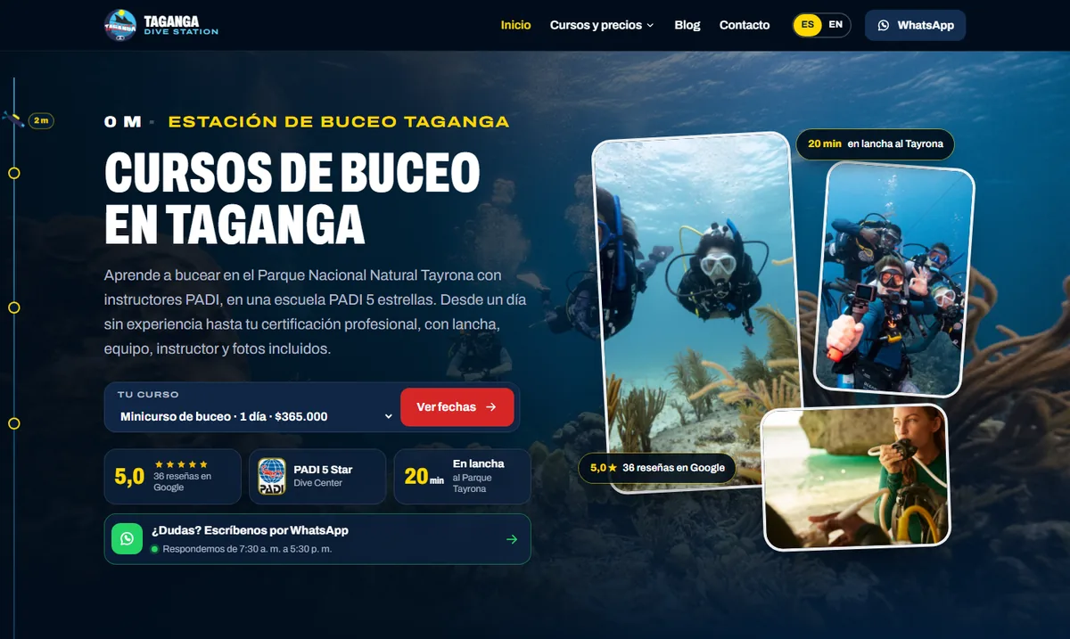 Página web de Taganga Dive Station, escuela de buceo en Taganga